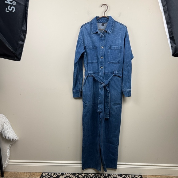 ICONE by Simon’s long sleeve cotton belted denim jean jumpsuit medium - Picture 2 of 12